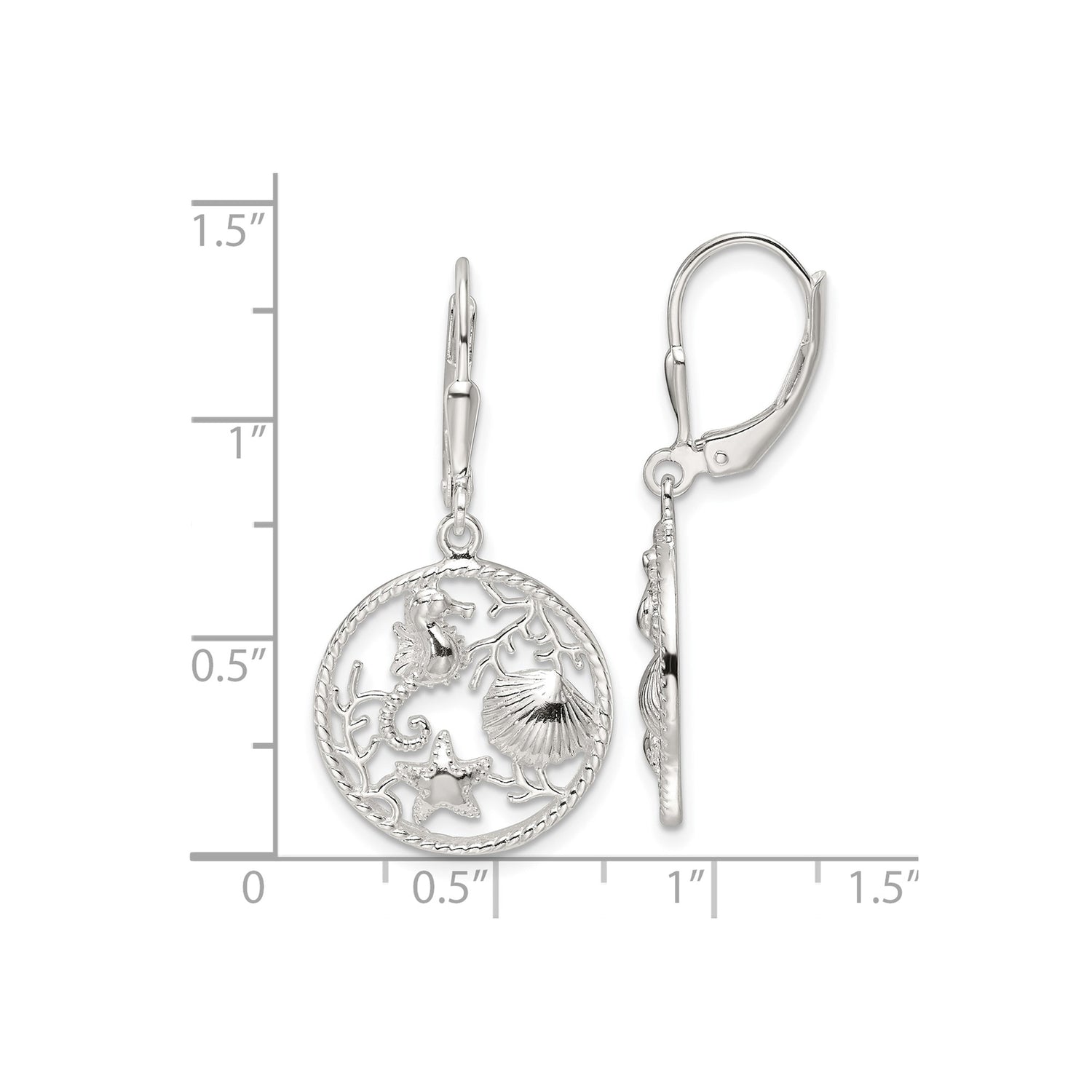Sterling Silver Leverback Dangle Earrings with Seahorse, Starfish, Shell and Coral Design