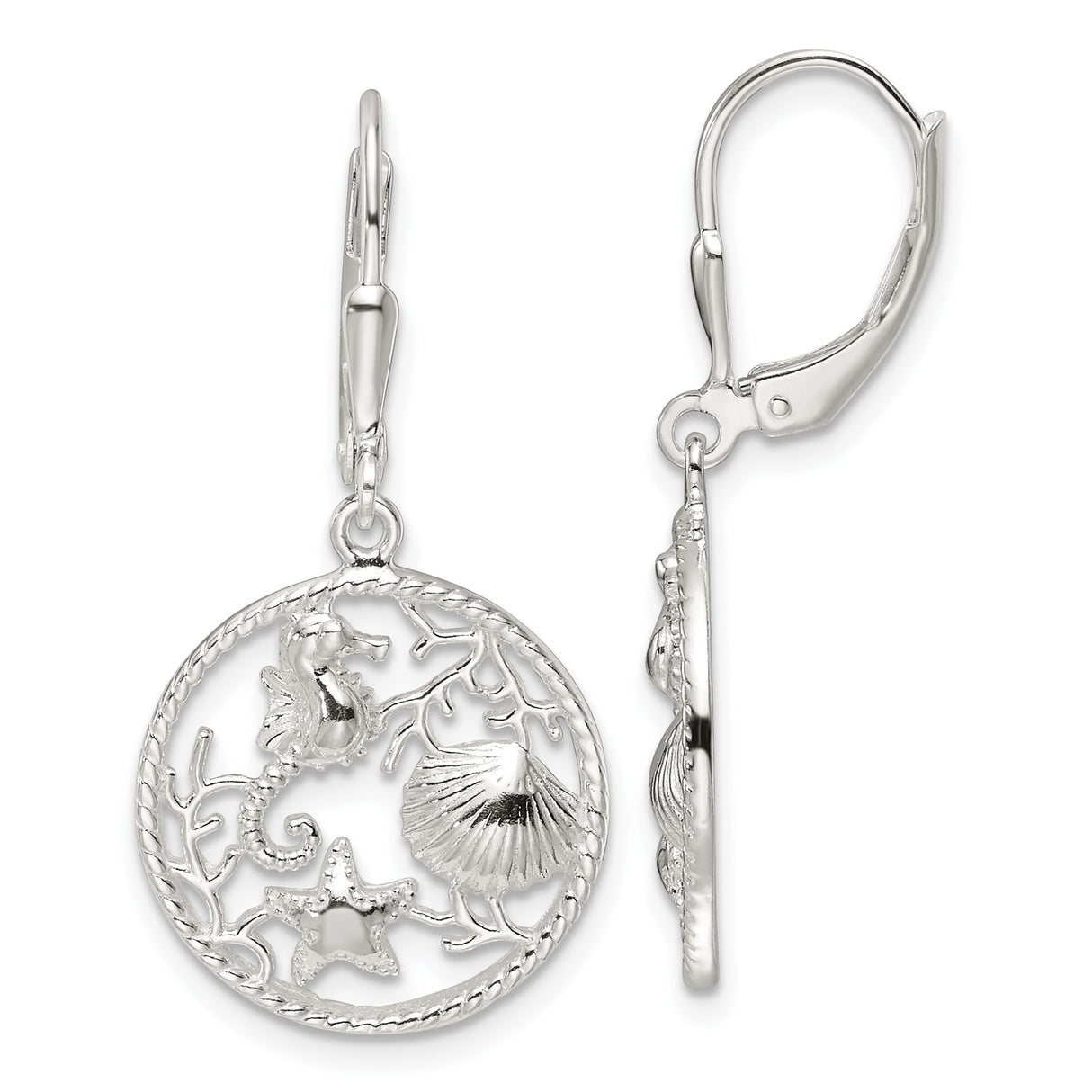 Sterling Silver Leverback Dangle Earrings with Seahorse, Starfish, Shell and Coral Design