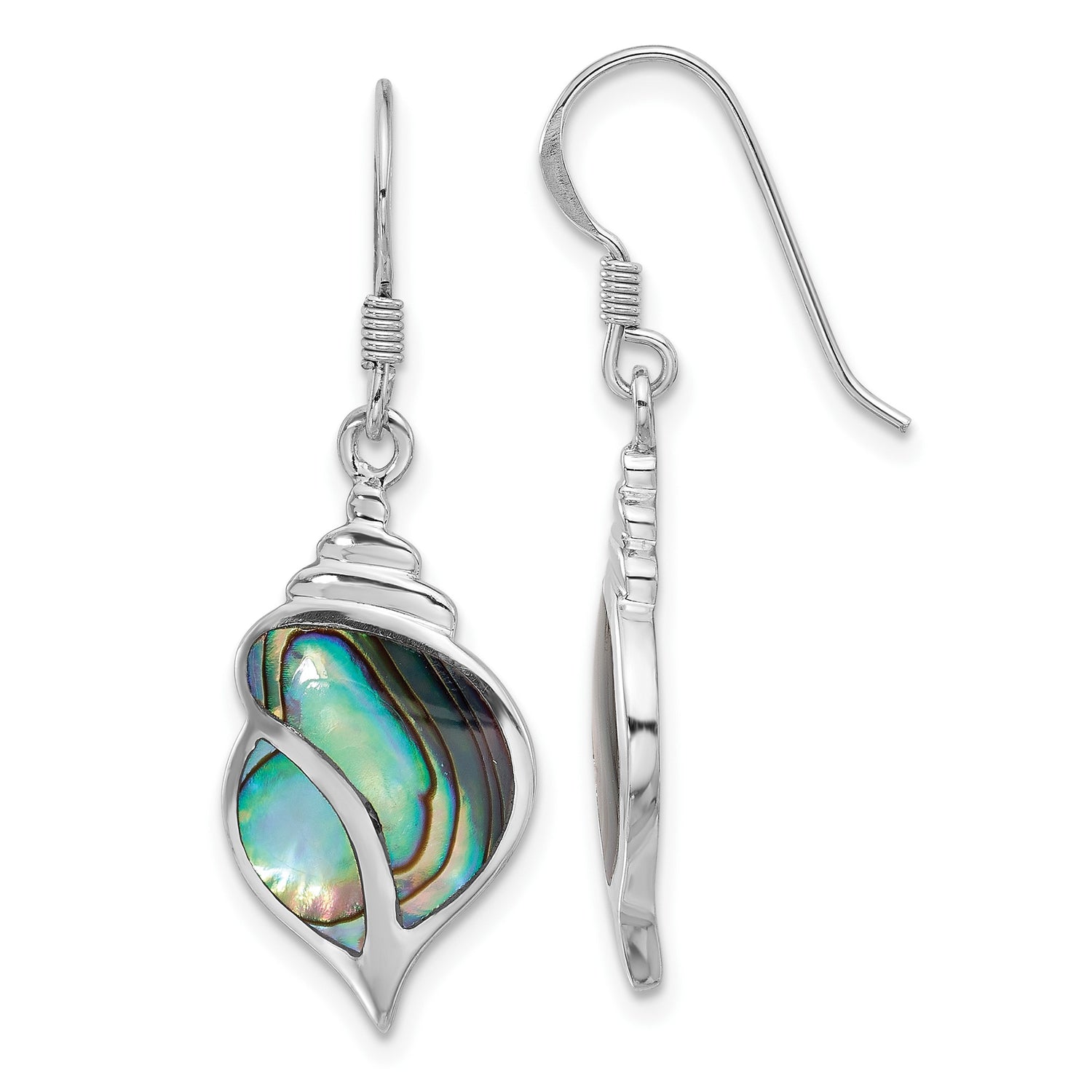 Sterling Silver Drop Earrings with Abalone Inlay, Conch Shell Nautical Design