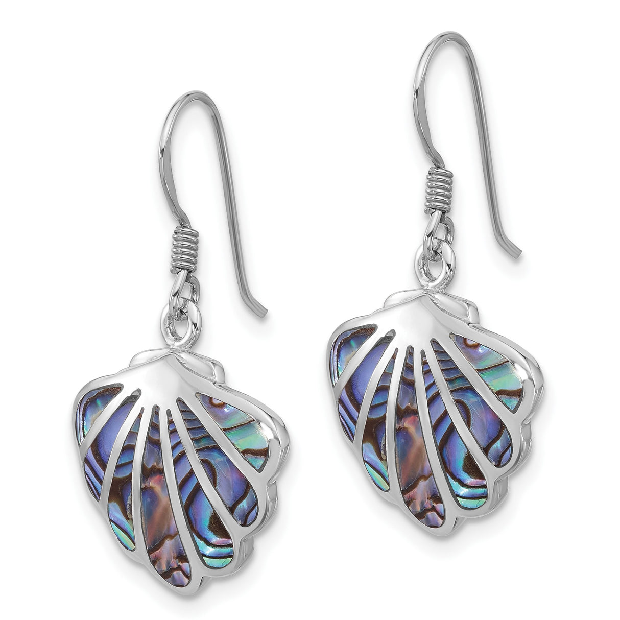 Sterling Silver Dangle Earrings with Abalone Shell, Scallop Design, Coastal Beach Style