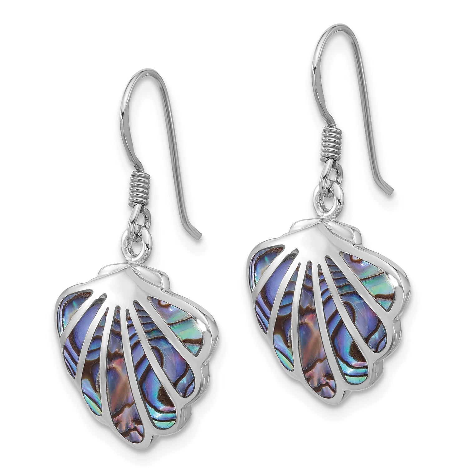 Sterling Silver Dangle Earrings with Abalone Shell, Scallop Design, Coastal Beach Style