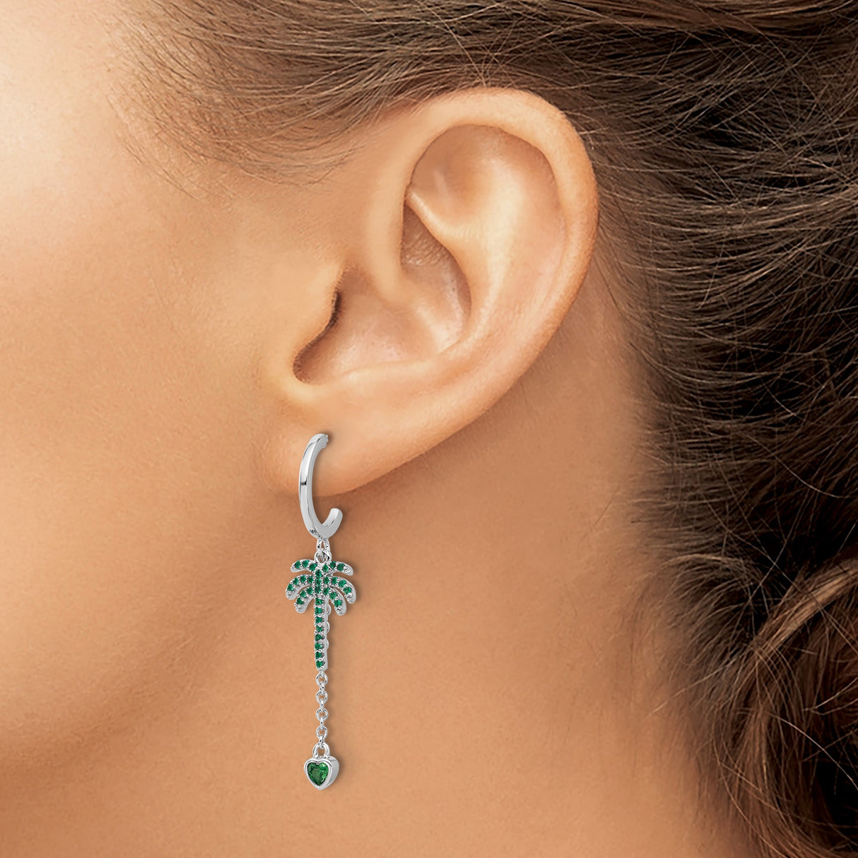 Sterling Silver Palm Tree Dangle Earrings with Cubic Zirconia and Heart Charm