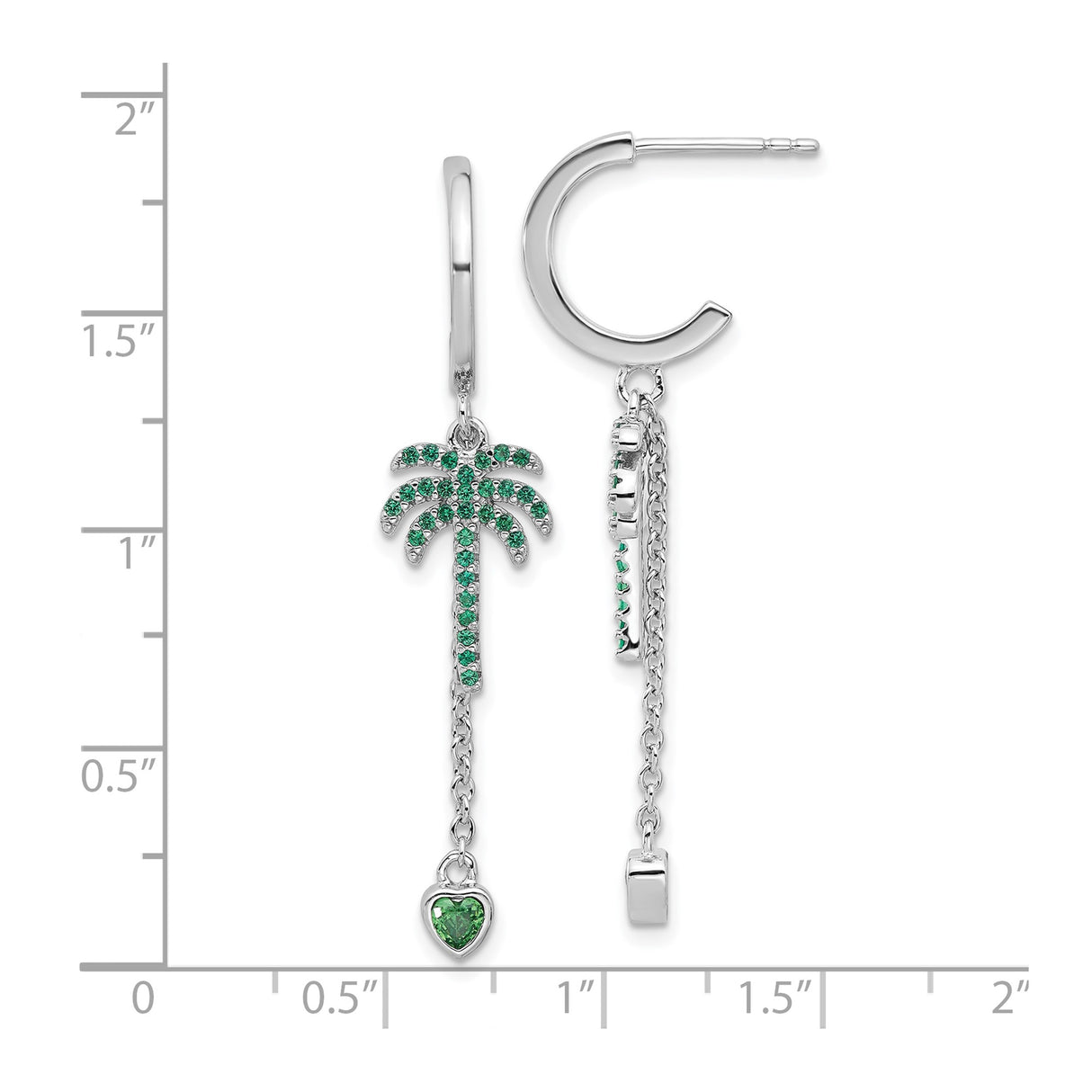Sterling Silver Palm Tree Dangle Earrings with Cubic Zirconia and Heart Charm