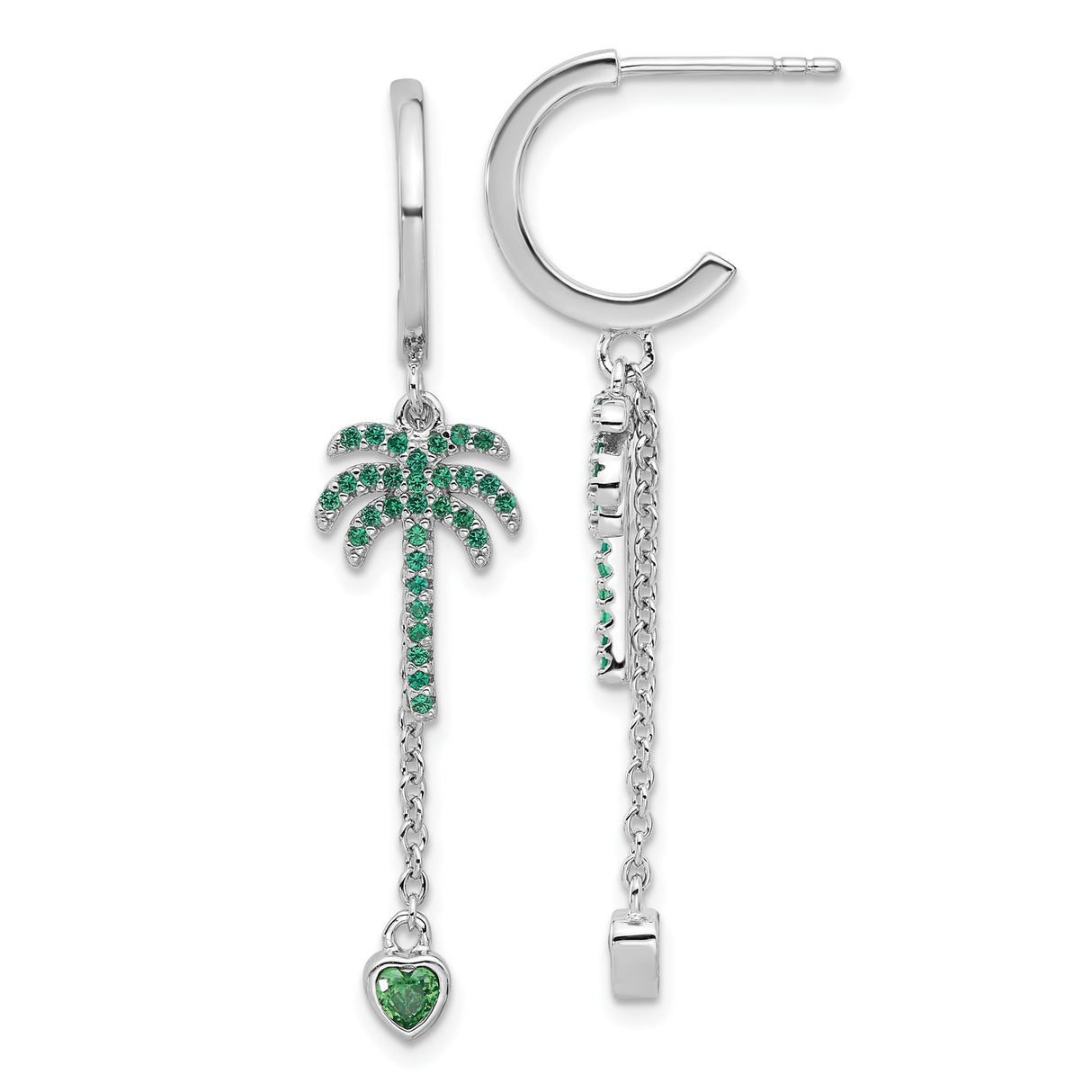 Sterling Silver Palm Tree Dangle Earrings with Cubic Zirconia and Heart Charm