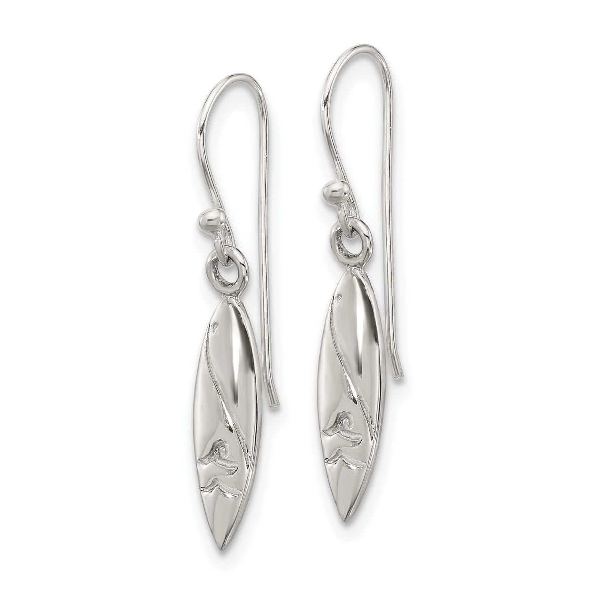 Sterling Silver Surfboard Dangle Earrings with Wave Design, Ocean-Inspired Coastal Style