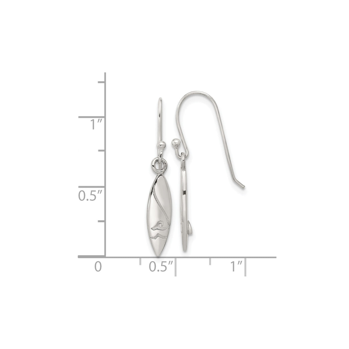 Sterling Silver Surfboard Dangle Earrings with Wave Design, Ocean-Inspired Coastal Style