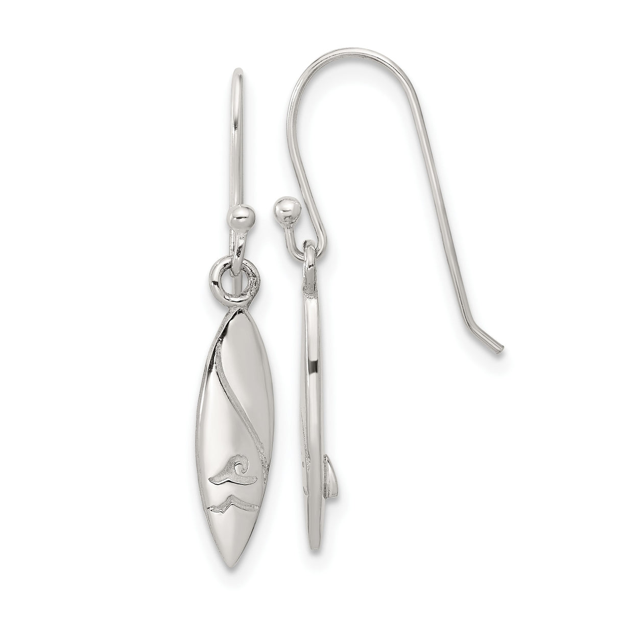 Sterling Silver Surfboard Dangle Earrings with Wave Design, Ocean-Inspired Coastal Style