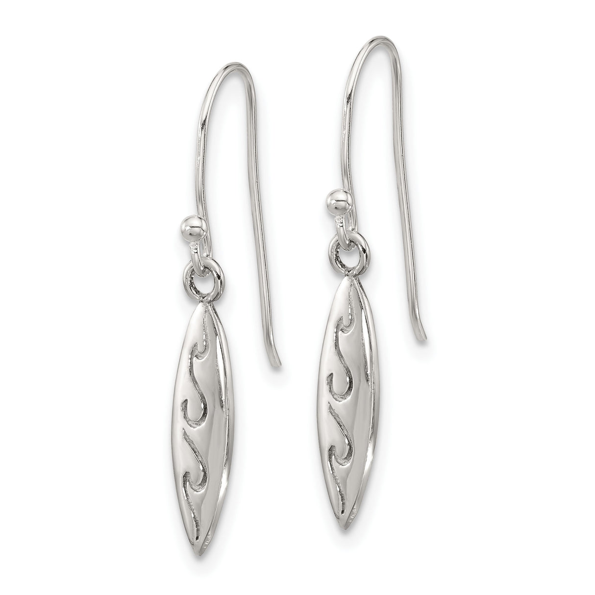 Sterling Silver Surfboard Dangle Earrings with Etched Wave Design, Ocean Inspired Jewelry