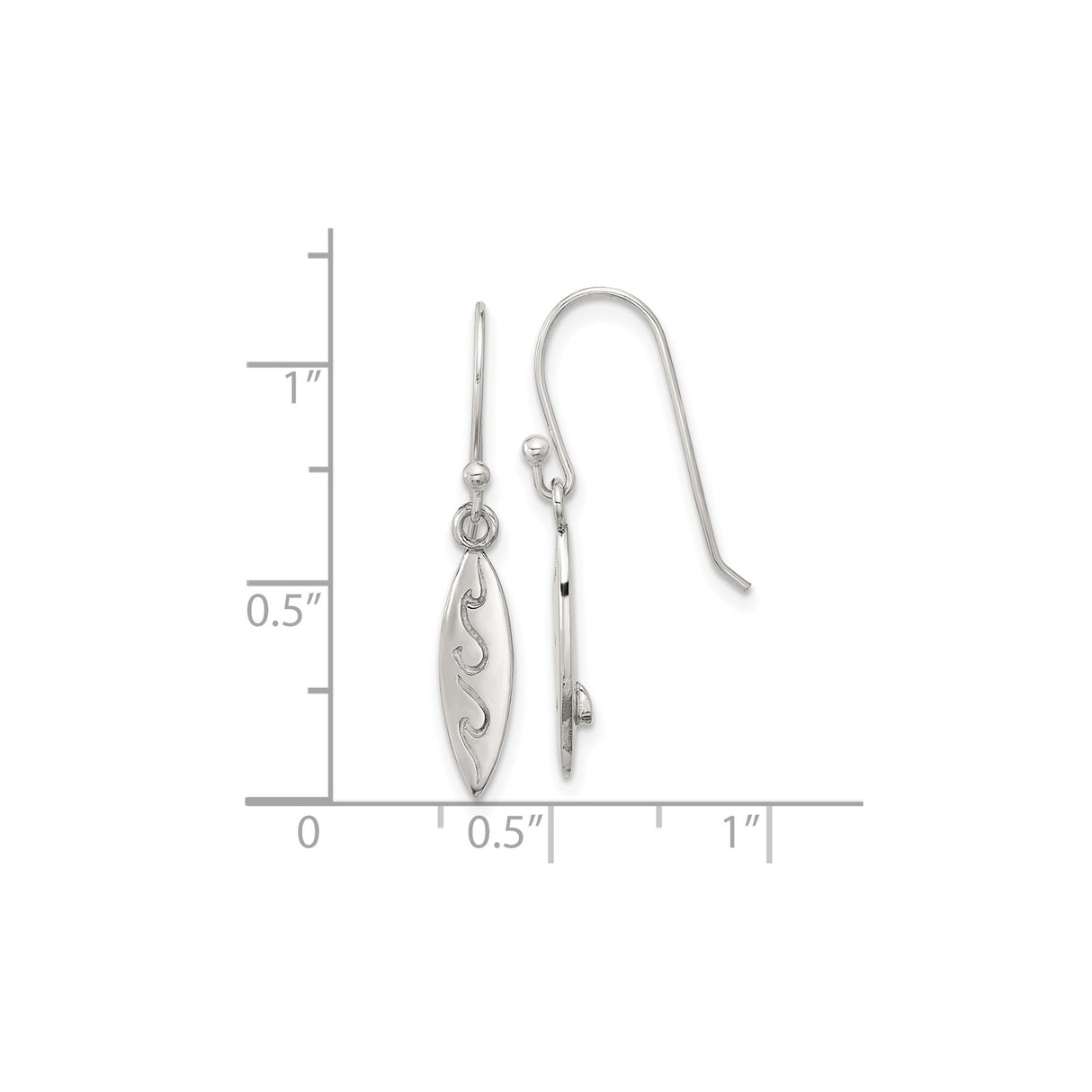 Sterling Silver Surfboard Dangle Earrings with Etched Wave Design, Ocean Inspired Jewelry