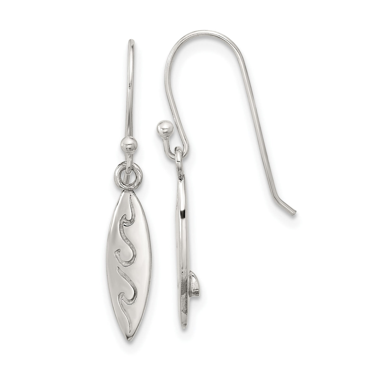 Sterling Silver Surfboard Dangle Earrings with Etched Wave Design, Ocean Inspired Jewelry