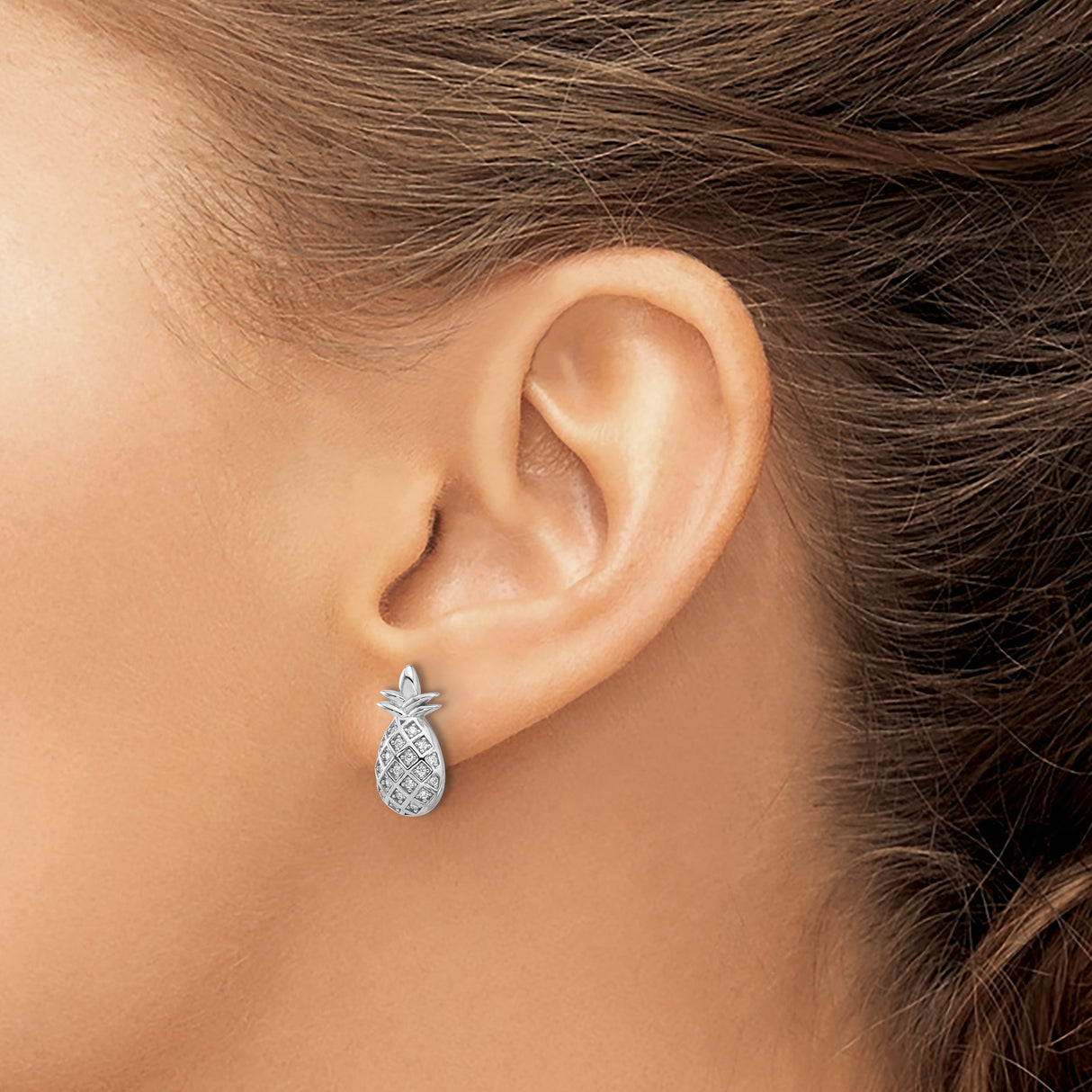 Sterling Silver Pineapple Stud Earrings with Cubic Zirconia, Tropical Fruit Design for Women