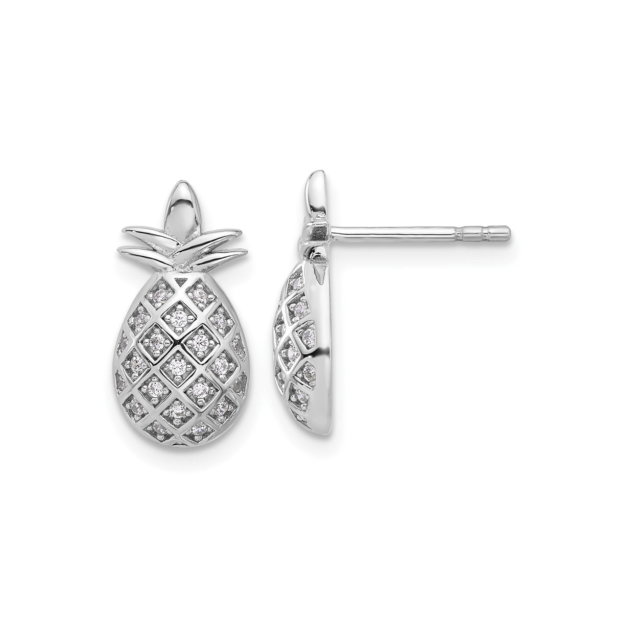 Sterling Silver Pineapple Stud Earrings with Cubic Zirconia, Tropical Fruit Design for Women