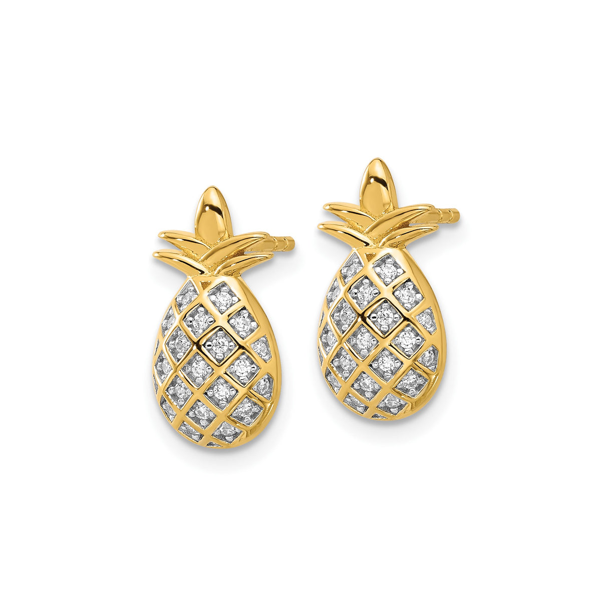 Sterling Silver Pineapple Shaped Stud Earrings with Cubic Zirconia and Gold Plating