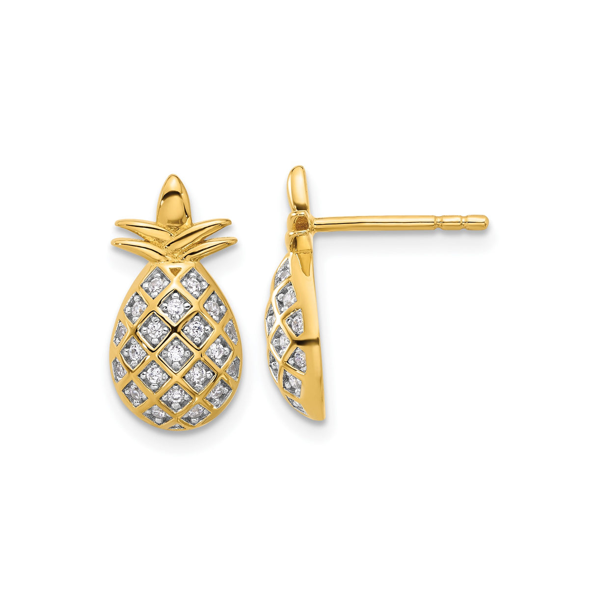 Sterling Silver Pineapple Shaped Stud Earrings with Cubic Zirconia and Gold Plating