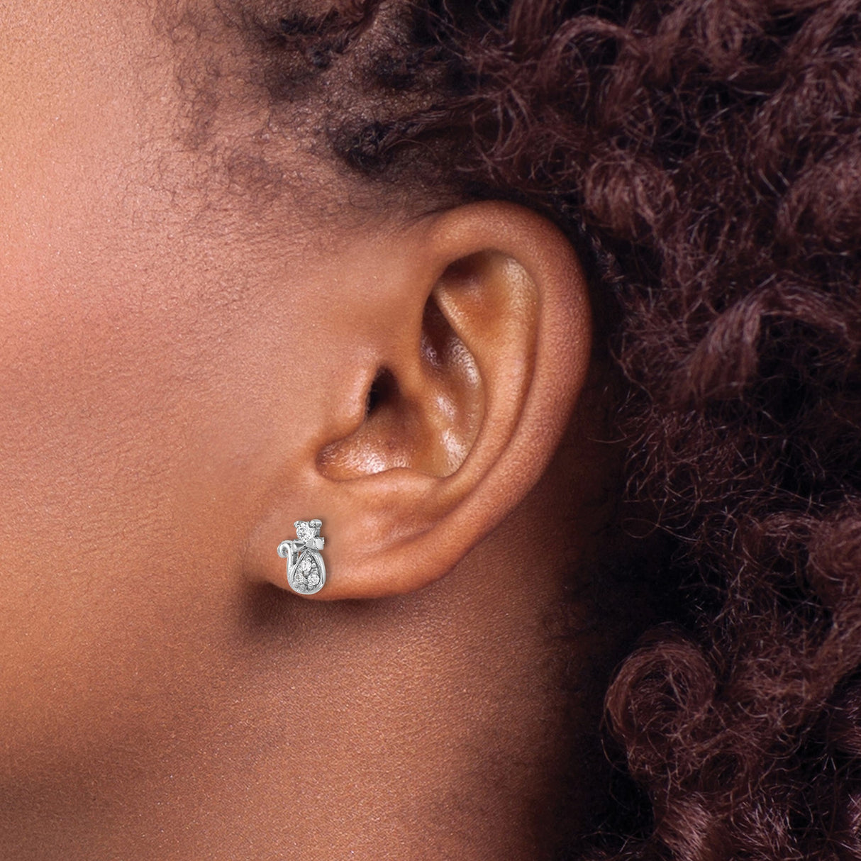 Sterling Silver Cat Stud Earrings with Cubic Zirconia Accents and Bow Detail