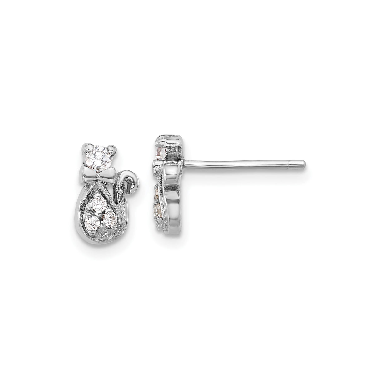 Sterling Silver Cat Stud Earrings with Cubic Zirconia Accents and Bow Detail