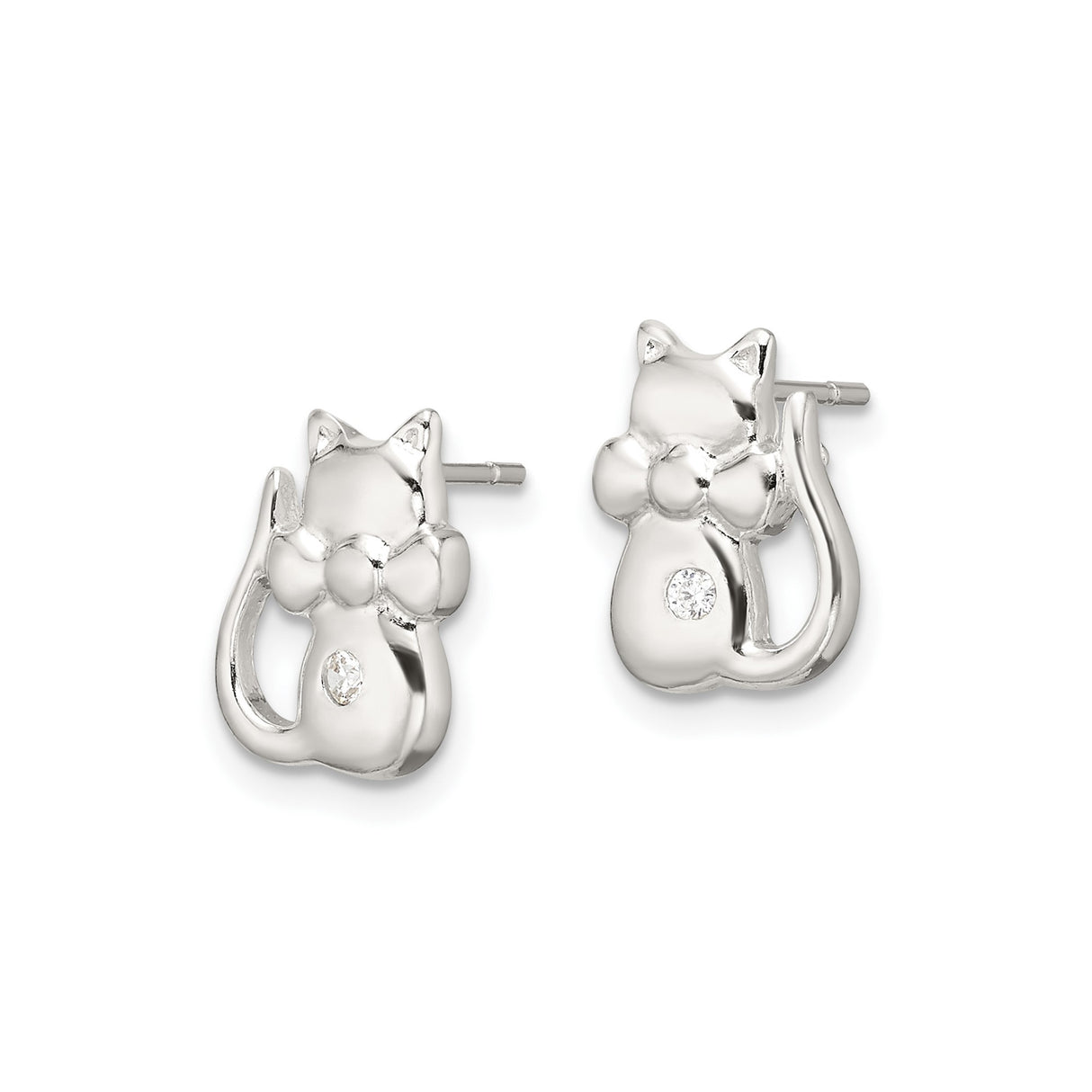 Sterling Silver Cat Stud Earrings with Cubic Zirconia and Bow Tie Detail