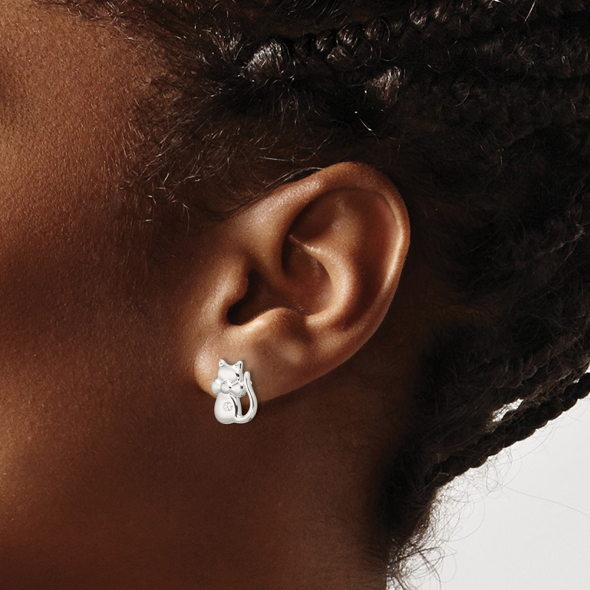 Sterling Silver Cat Stud Earrings with Cubic Zirconia and Bow Tie Detail