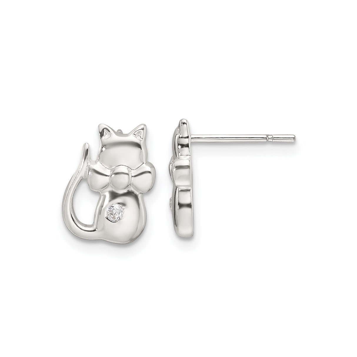 Sterling Silver Cat Stud Earrings with Cubic Zirconia and Bow Tie Detail