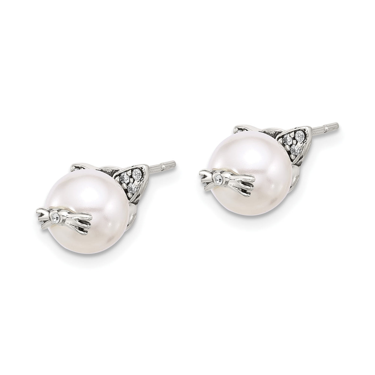 Sterling Silver Cat Face Stud Earrings with Cubic Zirconia and Pearl Accents