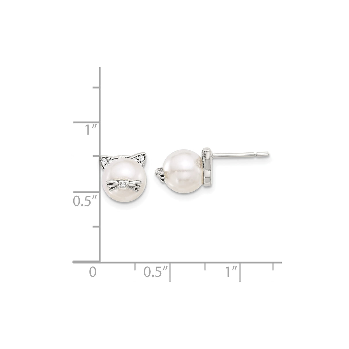 Sterling Silver Cat Face Stud Earrings with Cubic Zirconia and Pearl Accents