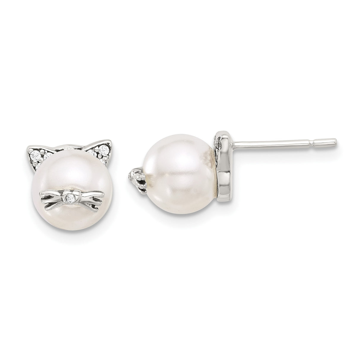 Sterling Silver Cat Face Stud Earrings with Cubic Zirconia and Pearl Accents