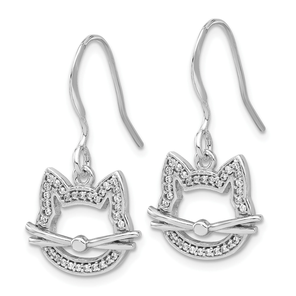 Sterling Silver Drop Earrings with Cubic Zirconia, Cat Face Animal Motif Design