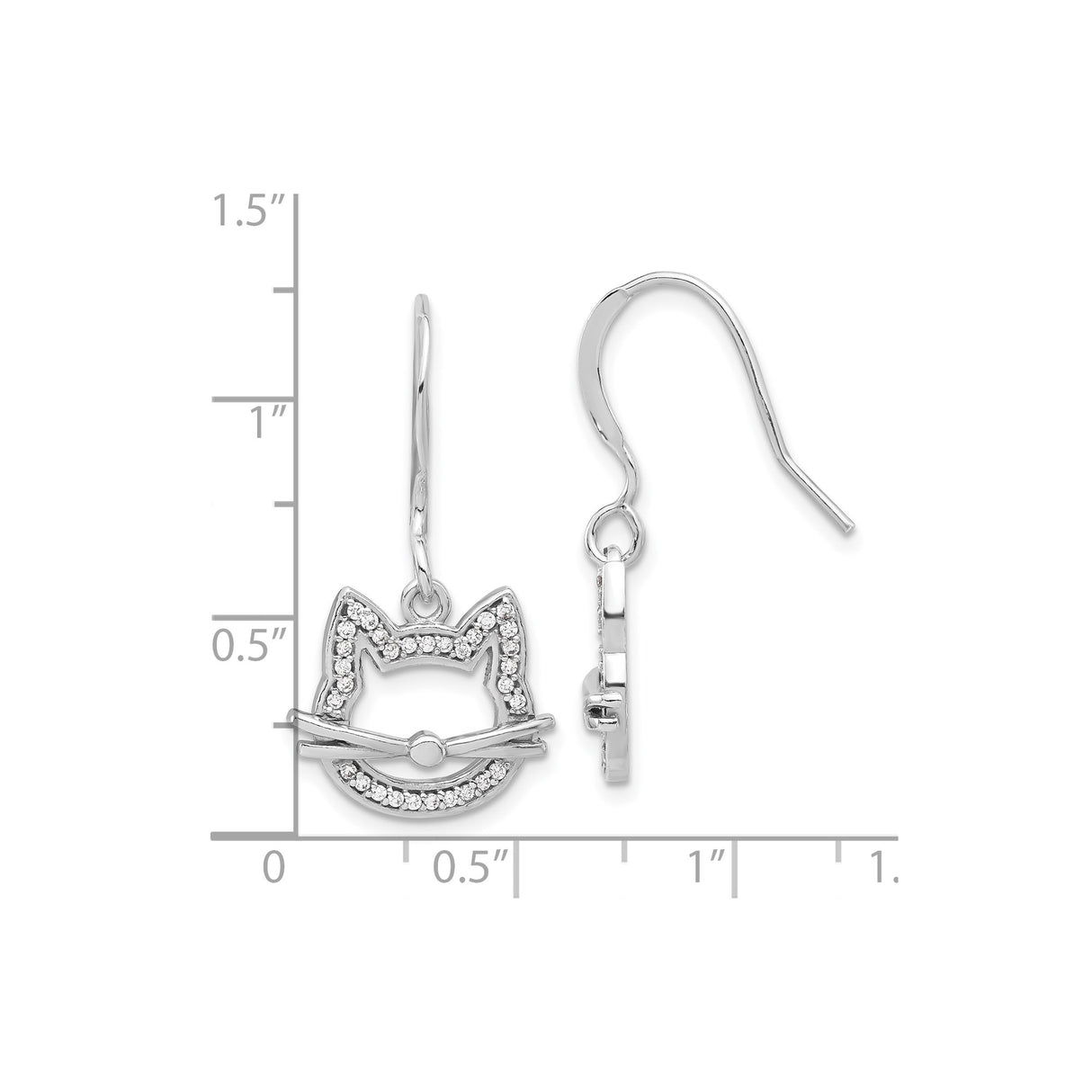 Sterling Silver Drop Earrings with Cubic Zirconia, Cat Face Animal Motif Design