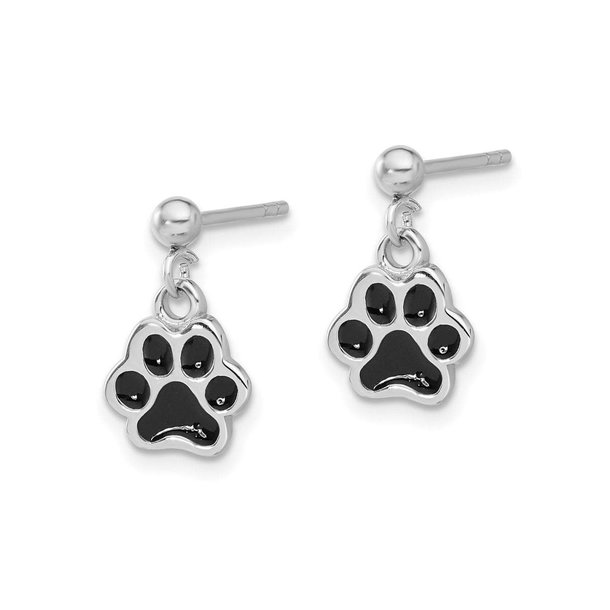Sterling Silver Paw Print Dangle Stud Earrings with Black Enamel, Pet Lover Jewelry