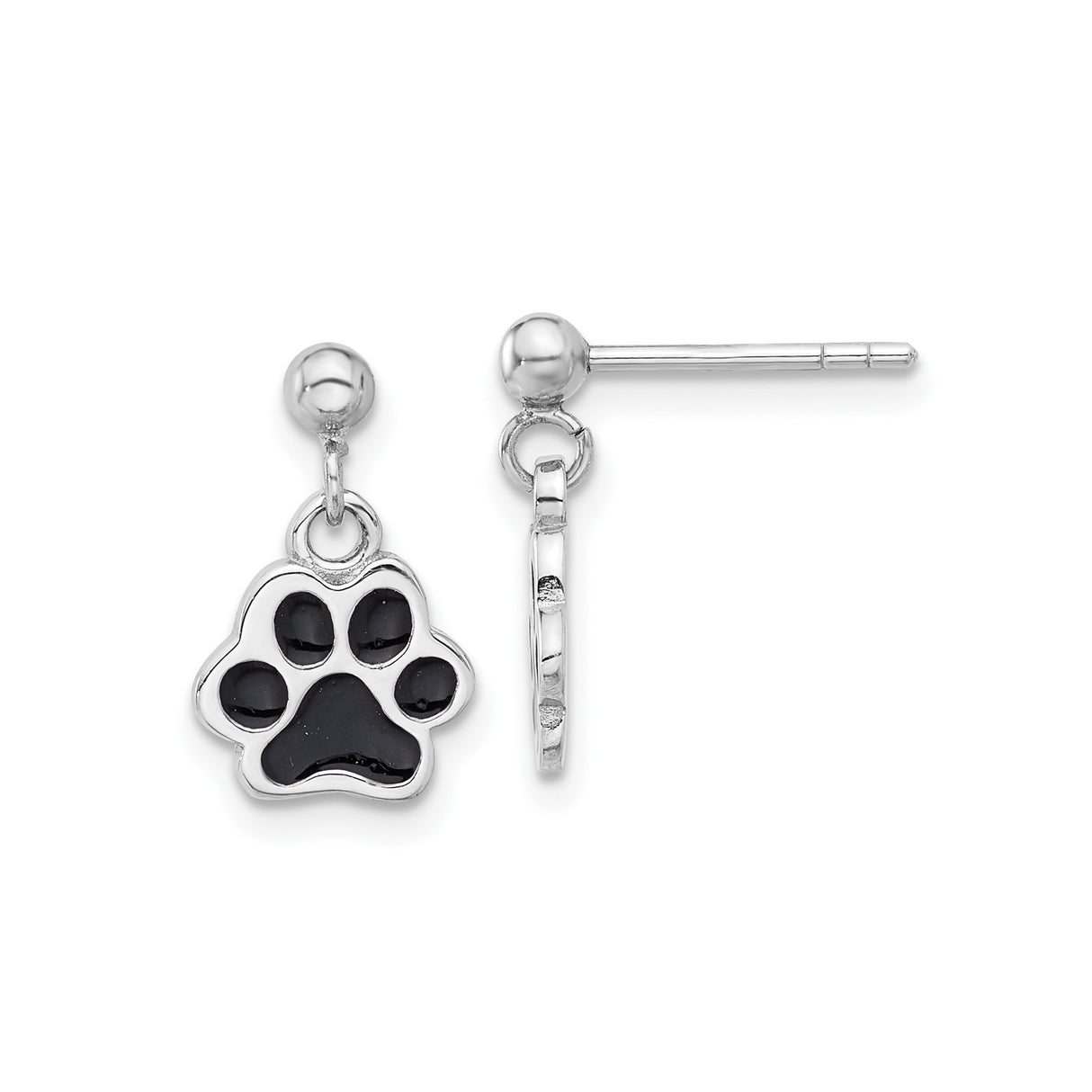 Sterling Silver Paw Print Dangle Stud Earrings with Black Enamel, Pet Lover Jewelry