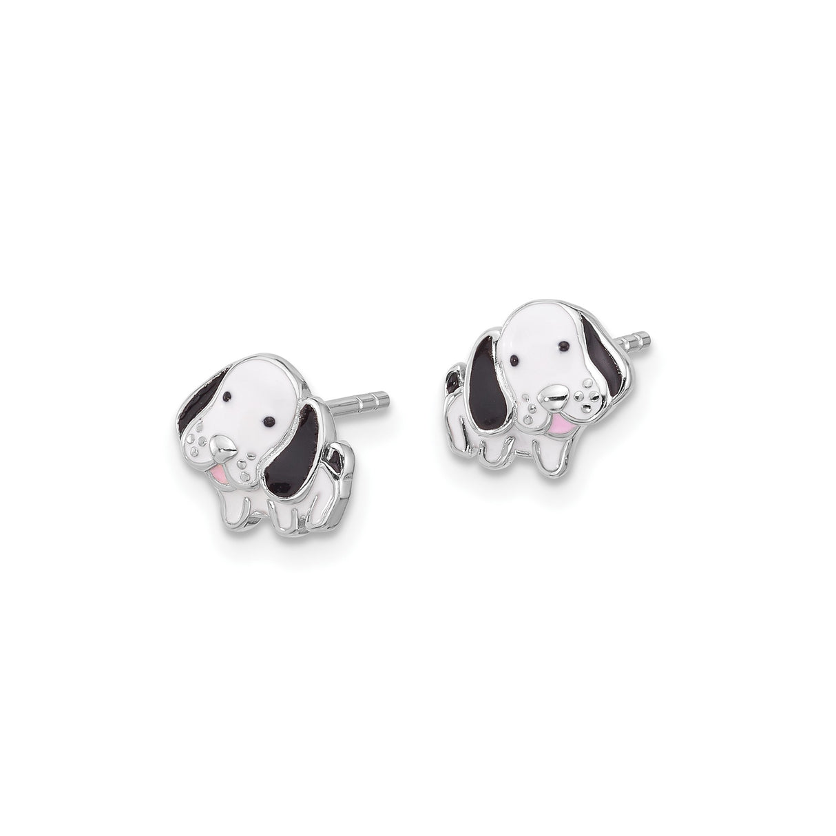 Sterling Silver Puppy Stud Earrings with Black and White Enamel, Cute Dog Face Design for Girls