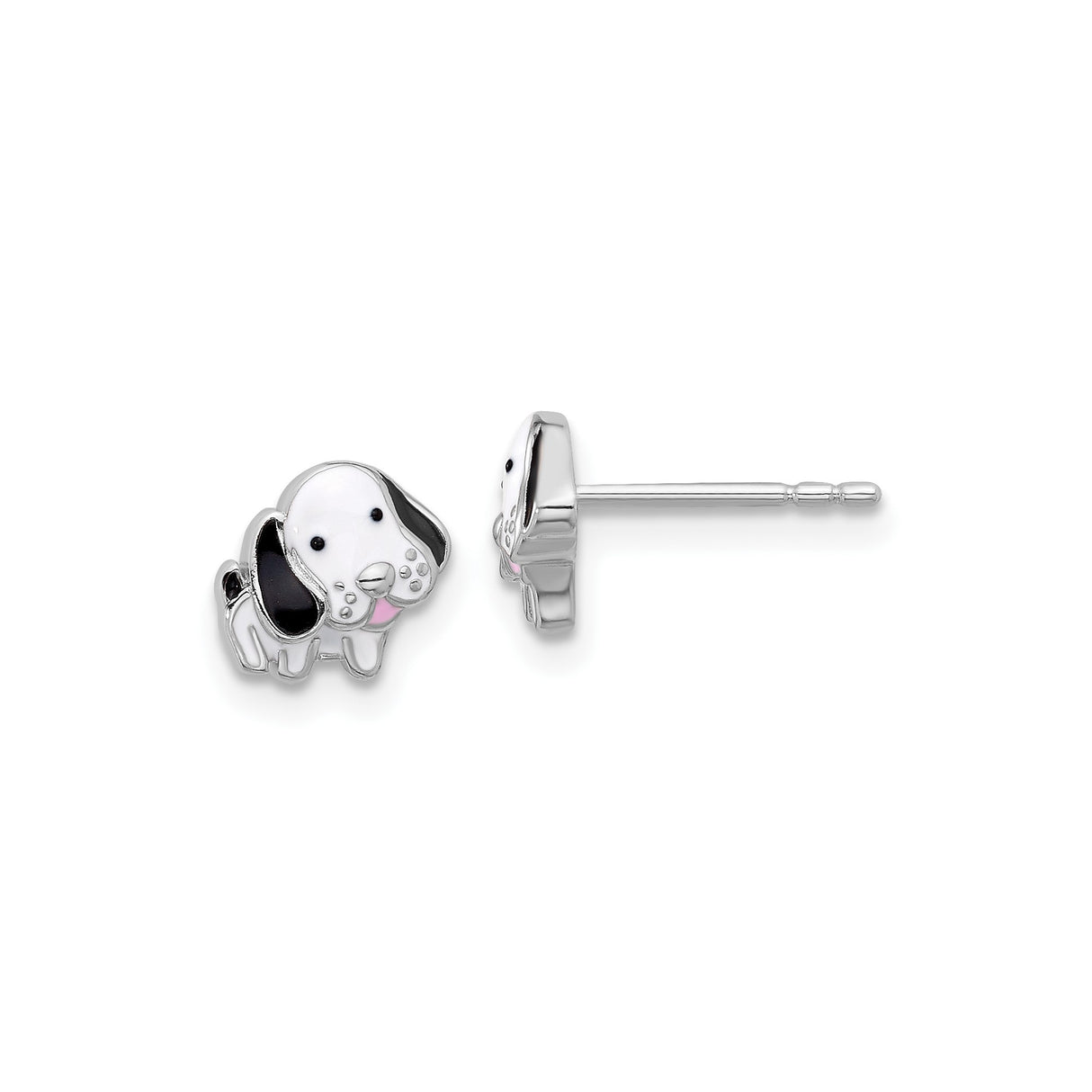 Sterling Silver Puppy Stud Earrings with Black and White Enamel, Cute Dog Face Design for Girls