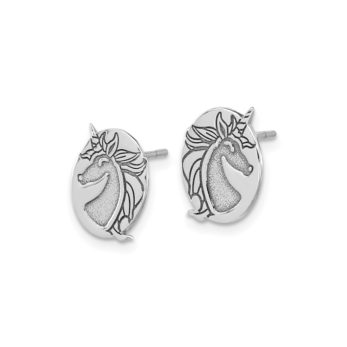 Sterling Silver Unicorn Stud Earrings, Etched Fantasy Animal Design for Women