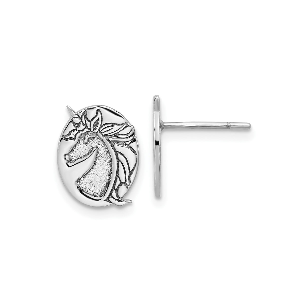 Sterling Silver Unicorn Stud Earrings, Etched Fantasy Animal Design for Women