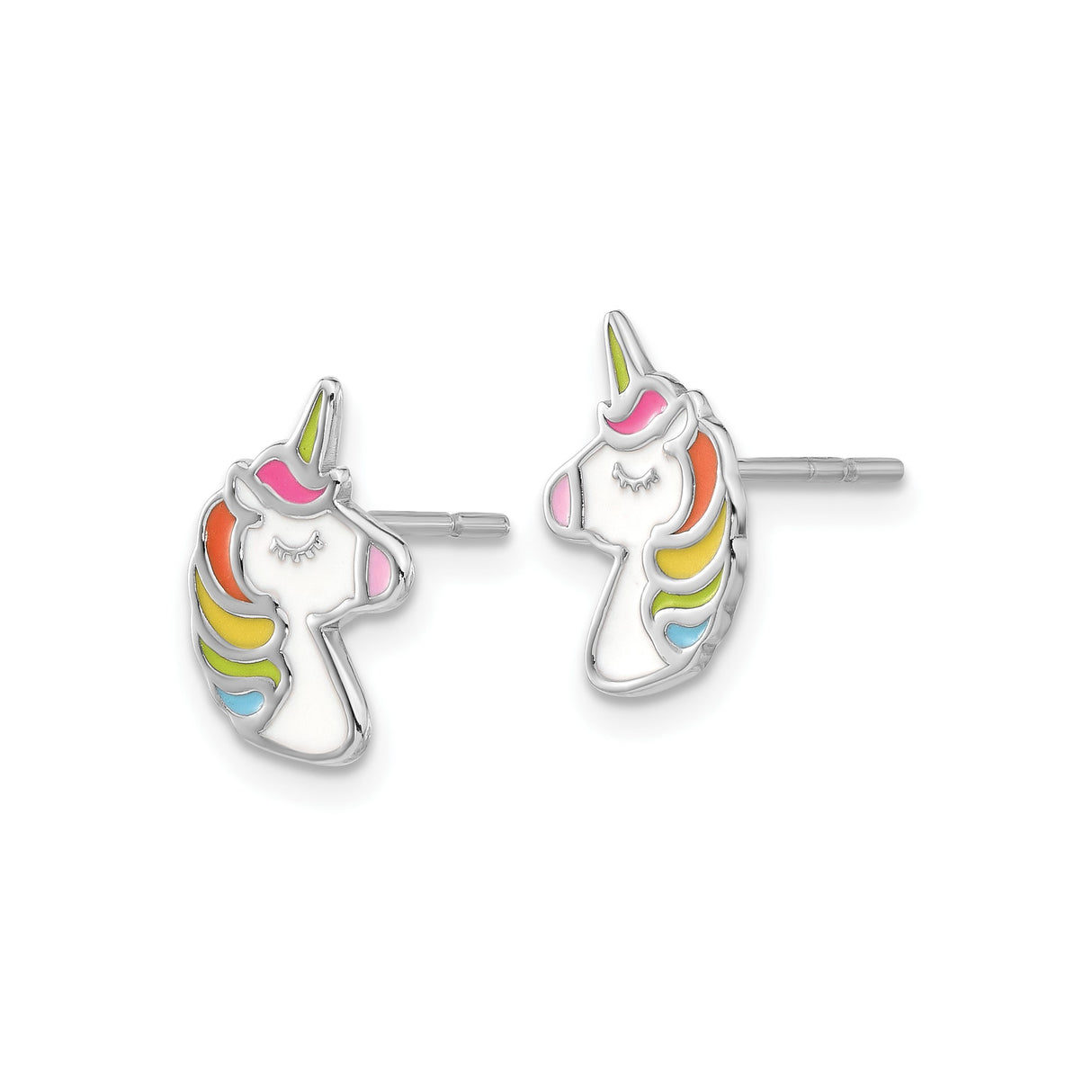 Sterling Silver Unicorn Stud Earrings with Rainbow Enamel Mane, Whimsical Design for Girls