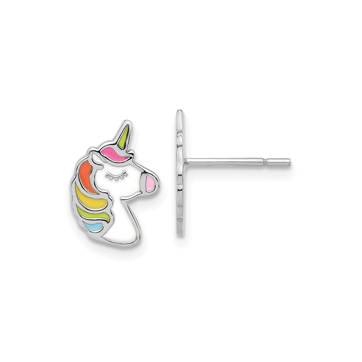 Sterling Silver Unicorn Stud Earrings with Rainbow Enamel Mane, Whimsical Design for Girls