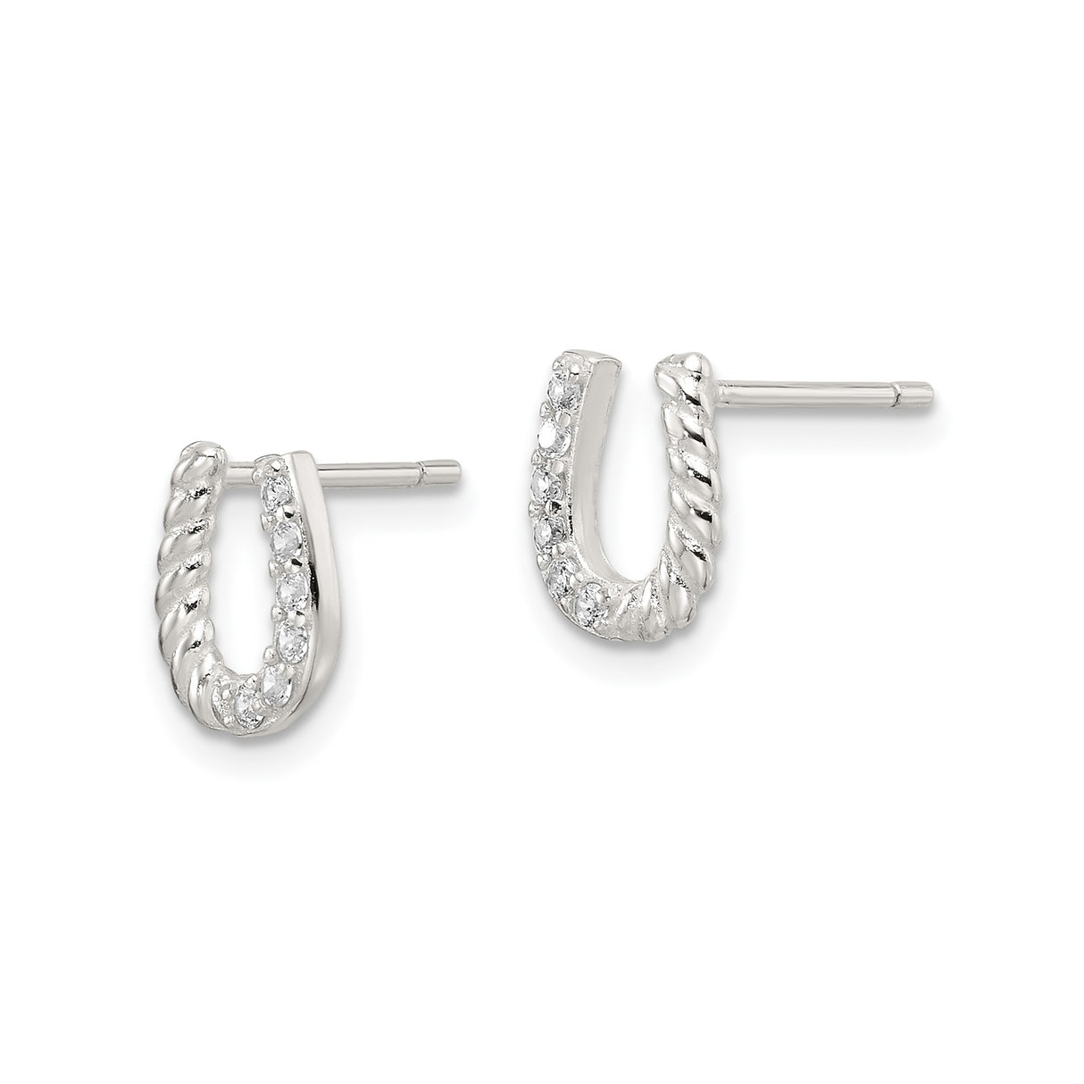 Sterling Silver Horseshoe Stud Earrings with Cubic Zirconia and Twisted Rope Design