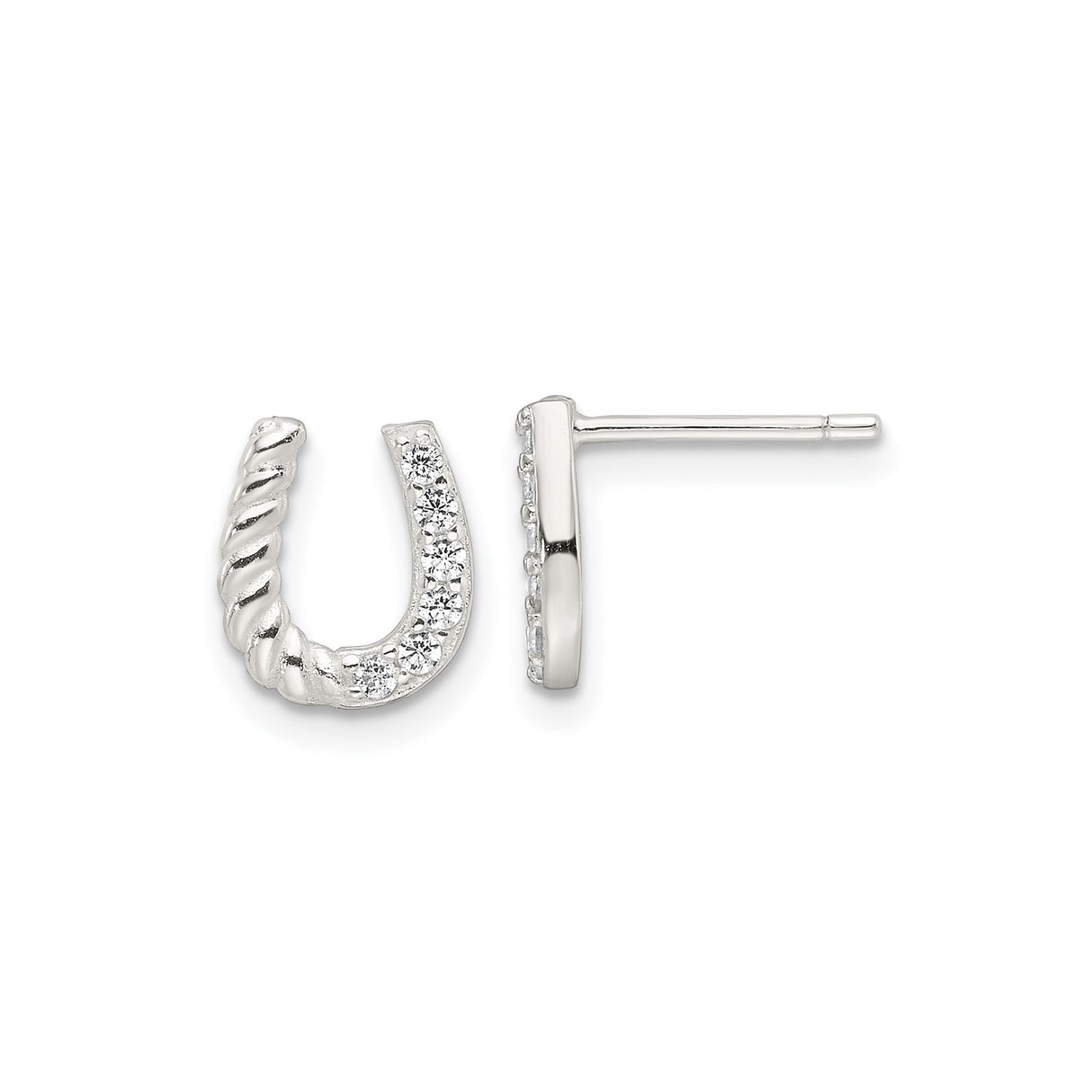 Sterling Silver Horseshoe Stud Earrings with Cubic Zirconia and Twisted Rope Design