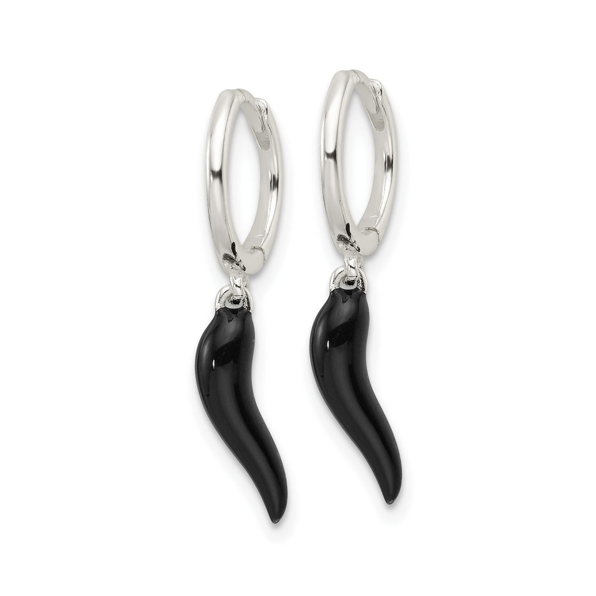 Sterling Silver Hoop Earrings with Black Italian Horn Charm, Unisex Spiritual Jewelry