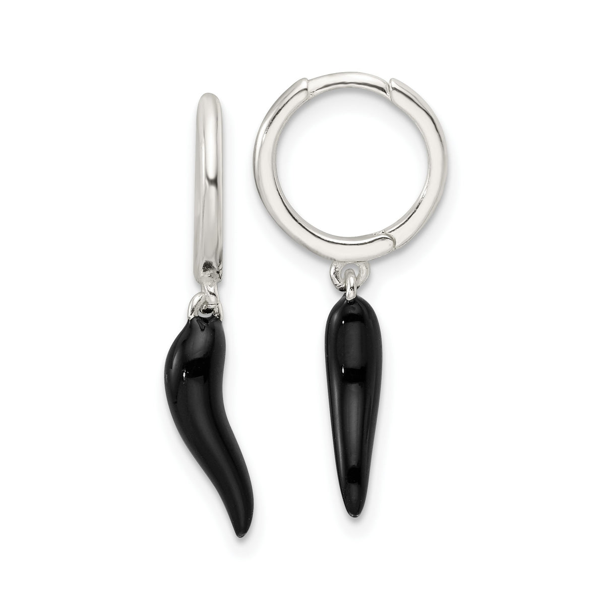 Sterling Silver Hoop Earrings with Black Italian Horn Charm, Unisex Spiritual Jewelry