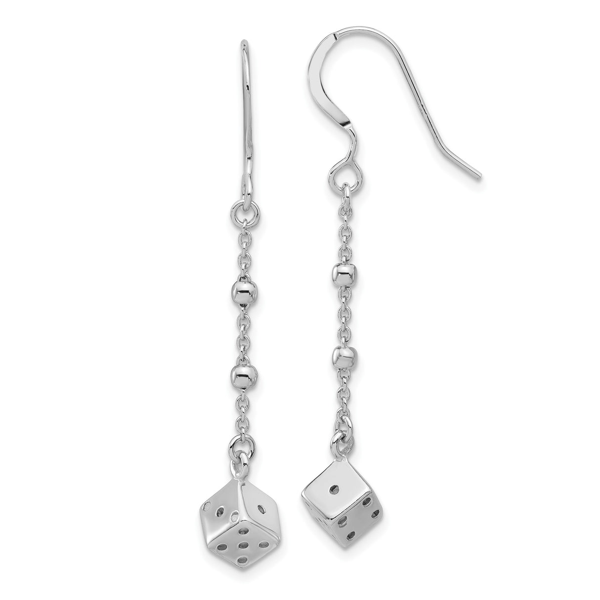 Sterling Silver Dangle Earrings with 3D Dice Charms, Beaded Chains, Casino Style