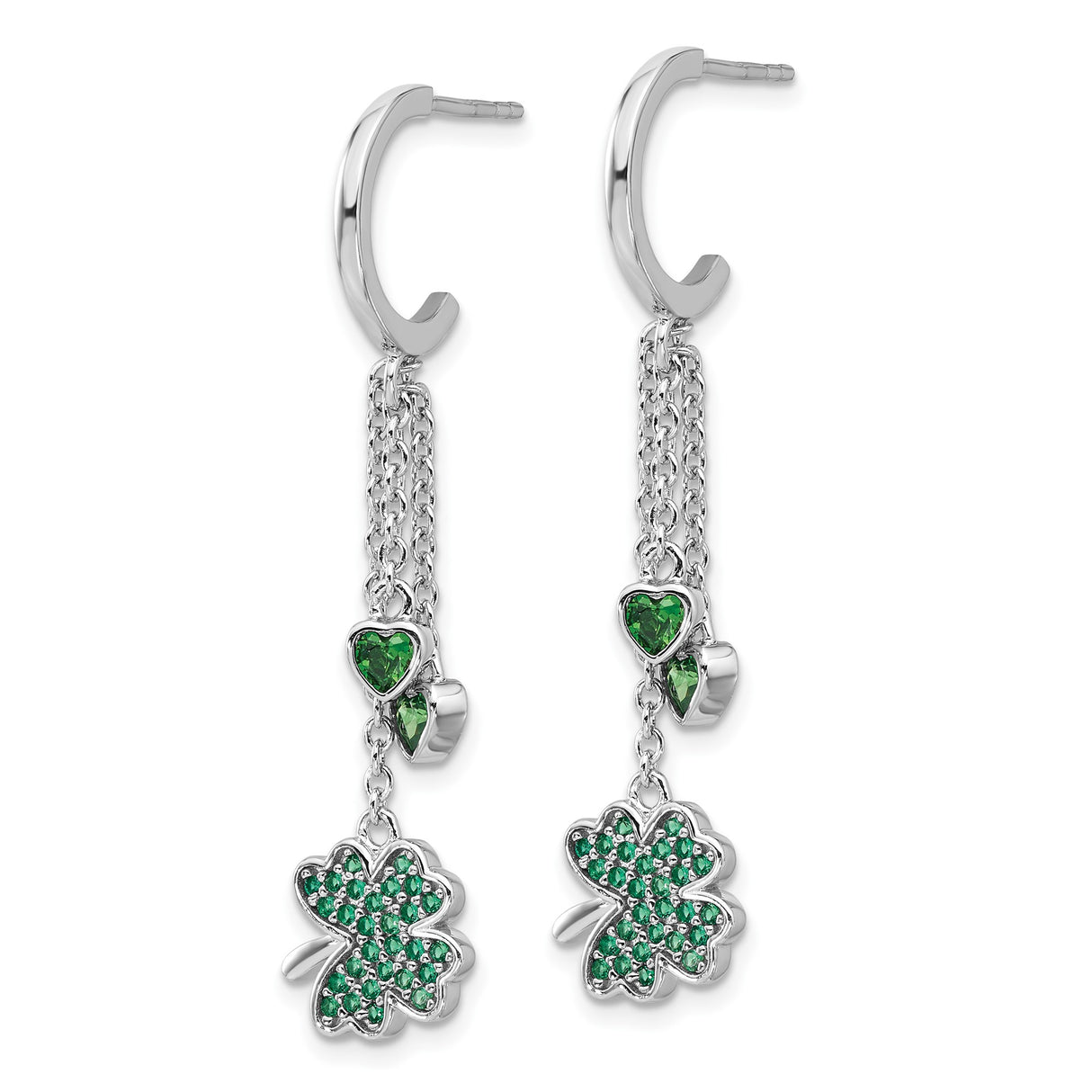 Sterling Silver Dangle Earrings with Green Cubic Zirconia, Four-Leaf Clover and Heart Design