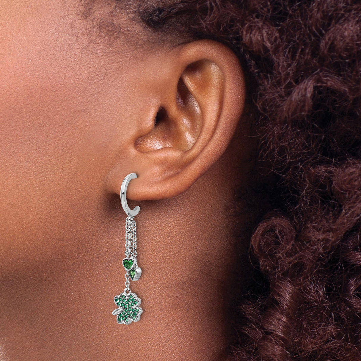 Sterling Silver Dangle Earrings with Green Cubic Zirconia, Four-Leaf Clover and Heart Design