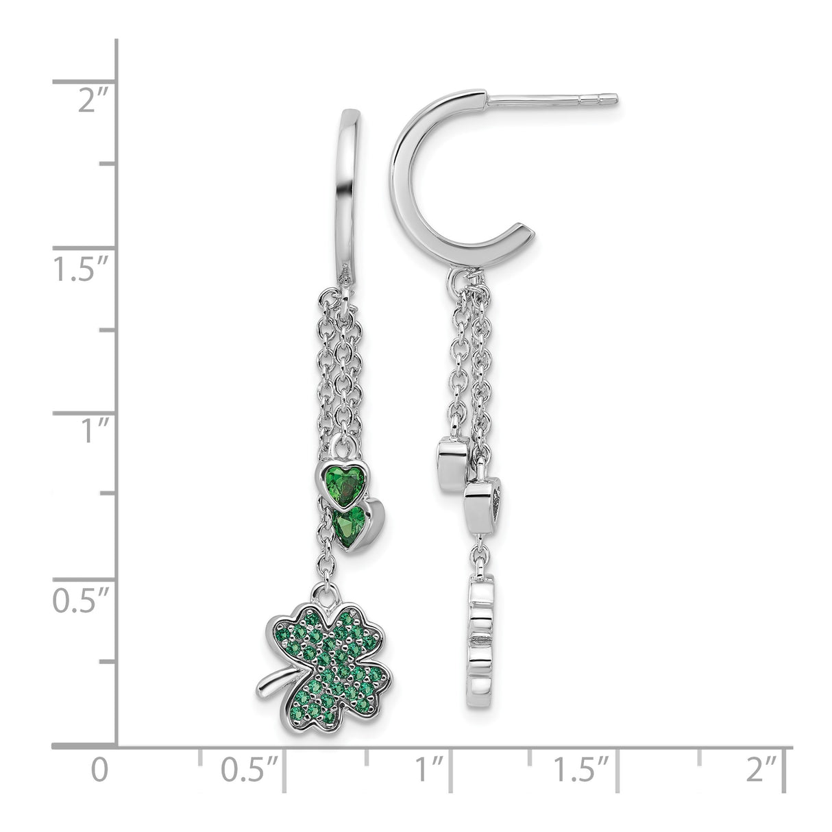 Sterling Silver Dangle Earrings with Green Cubic Zirconia, Four-Leaf Clover and Heart Design