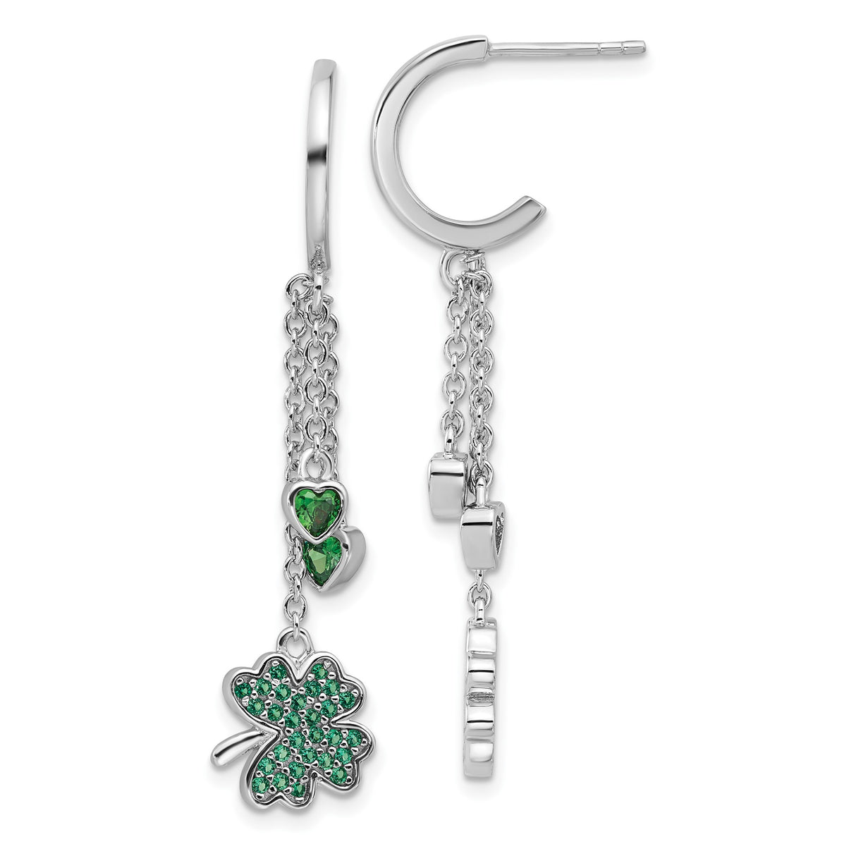 Sterling Silver Dangle Earrings with Green Cubic Zirconia, Four-Leaf Clover and Heart Design