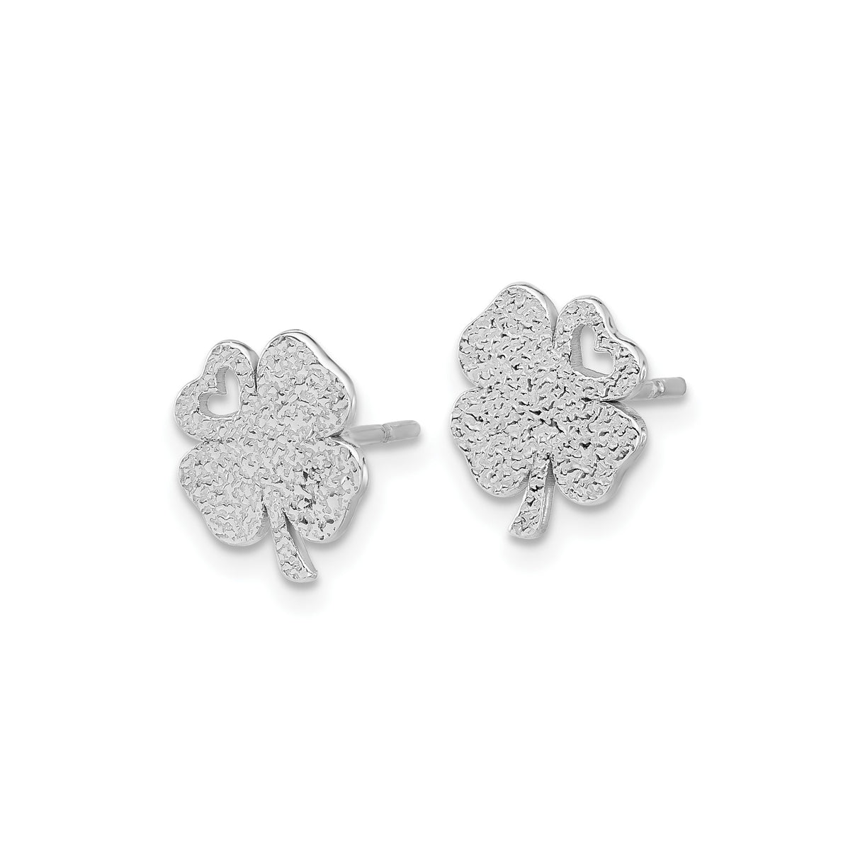 Sterling Silver Four Leaf Clover Stud Earrings with Heart Cutout and Textured Finish