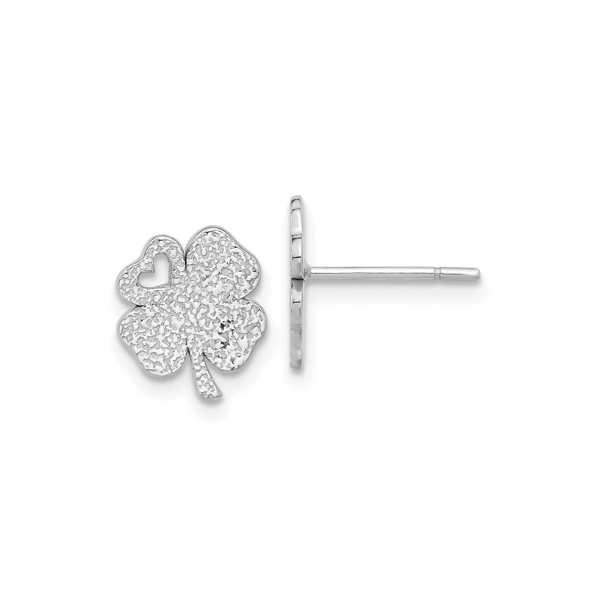 Sterling Silver Four Leaf Clover Stud Earrings with Heart Cutout and Textured Finish