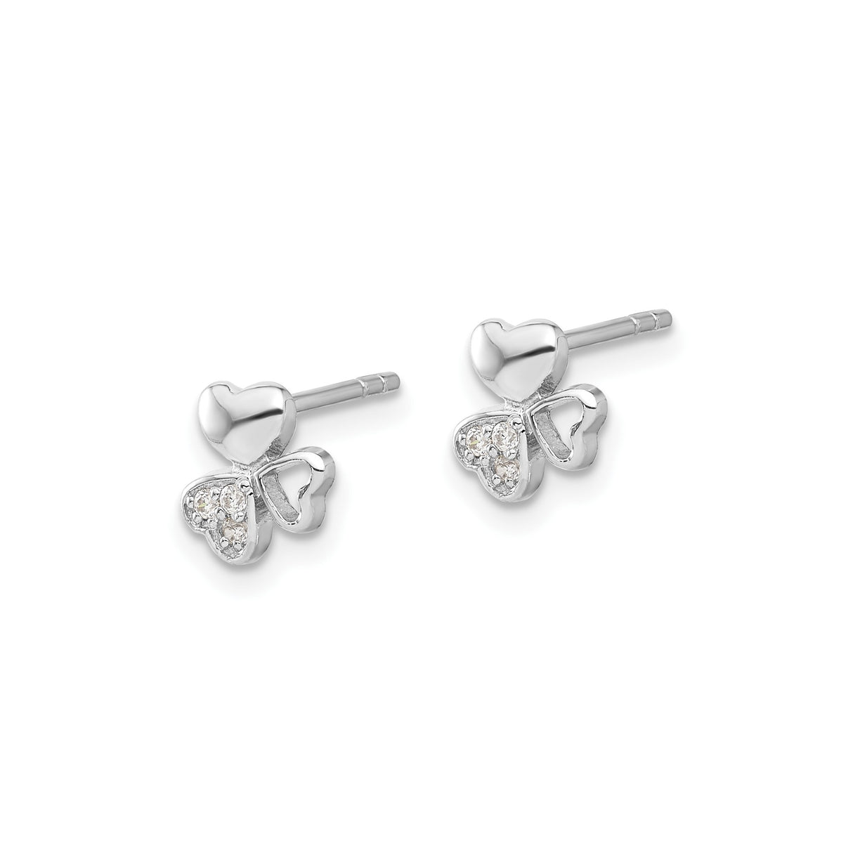 Sterling Silver Clover Stud Earrings with Cubic Zirconia, Three Heart Design, Symbolic Love and Luck