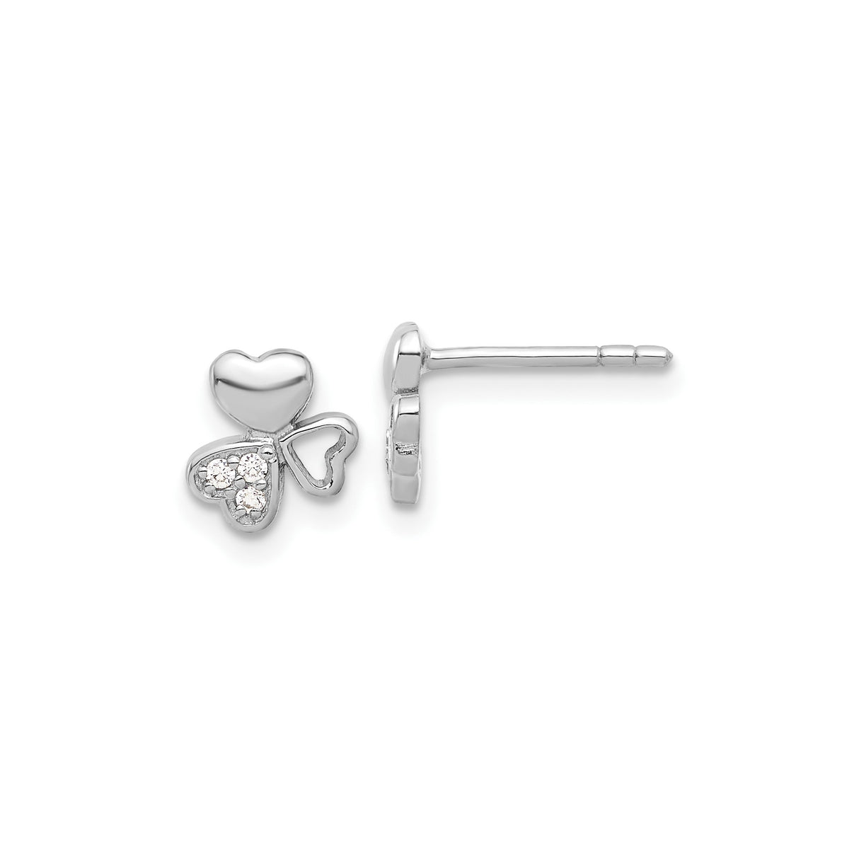 Sterling Silver Clover Stud Earrings with Cubic Zirconia, Three Heart Design, Symbolic Love and Luck