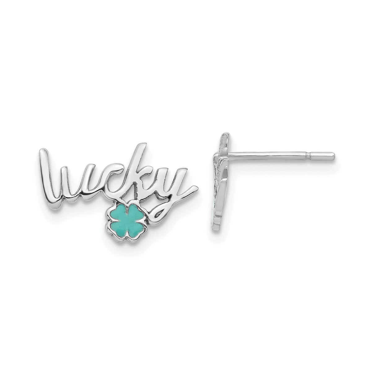 Sterling Silver Stud Earrings with Turquoise Enamel Four-Leaf Clover Charm